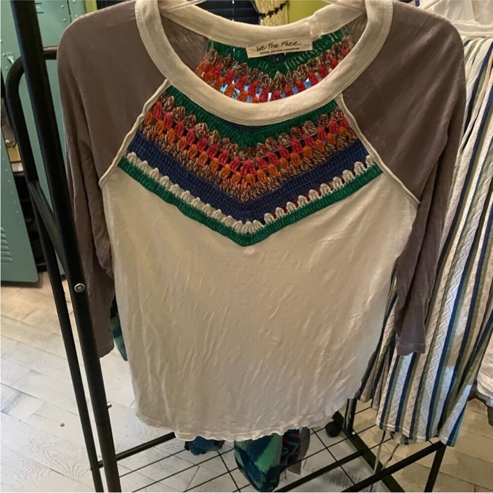 Free People Spring Bound Crochet Detail Top Blue Combo Size L - Picture 3 of 6